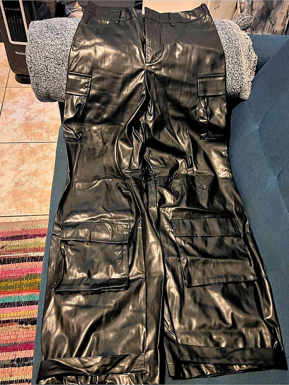 MICAS Black Vegan Leather Cargo Trousers Size Medium NWT